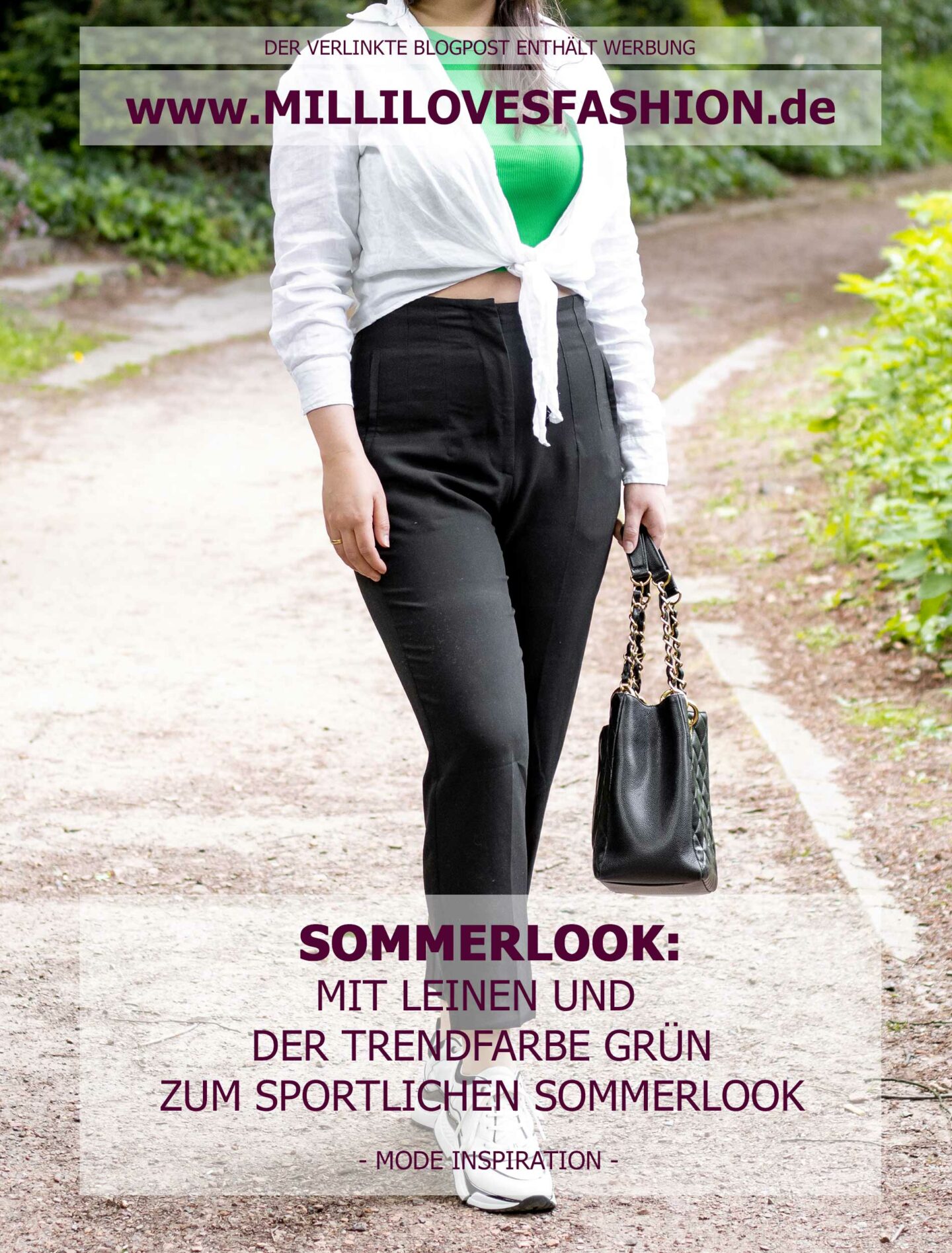 Die Trendfarbe grün als Keypiece im sportlichen Sommerlook mit Leinenbluse